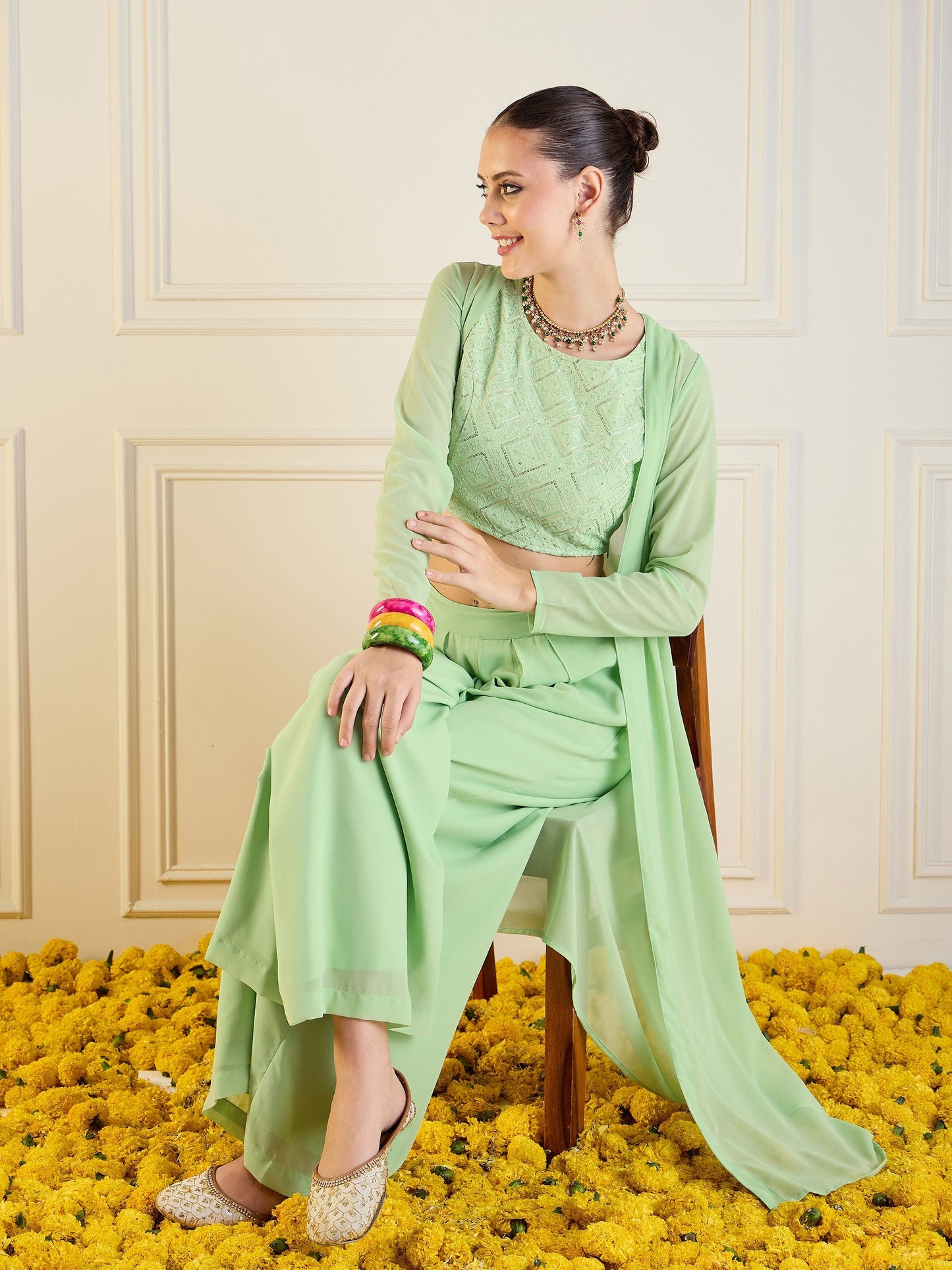 Women's Green Crop Top Co-Ord Set