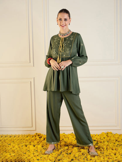 Women's Green Embroidered Co-Ord Set
