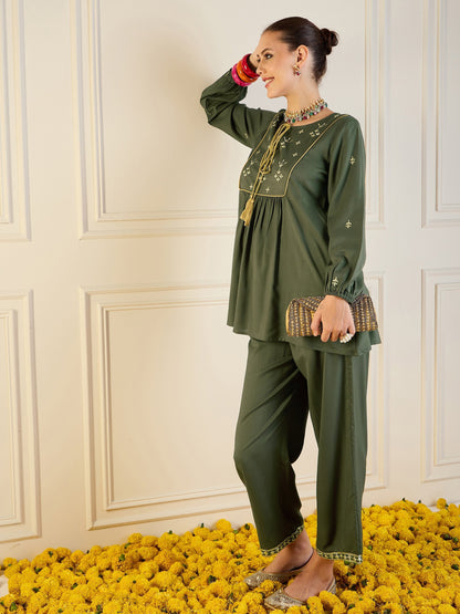 Women's Green Embroidered Co-Ord Set