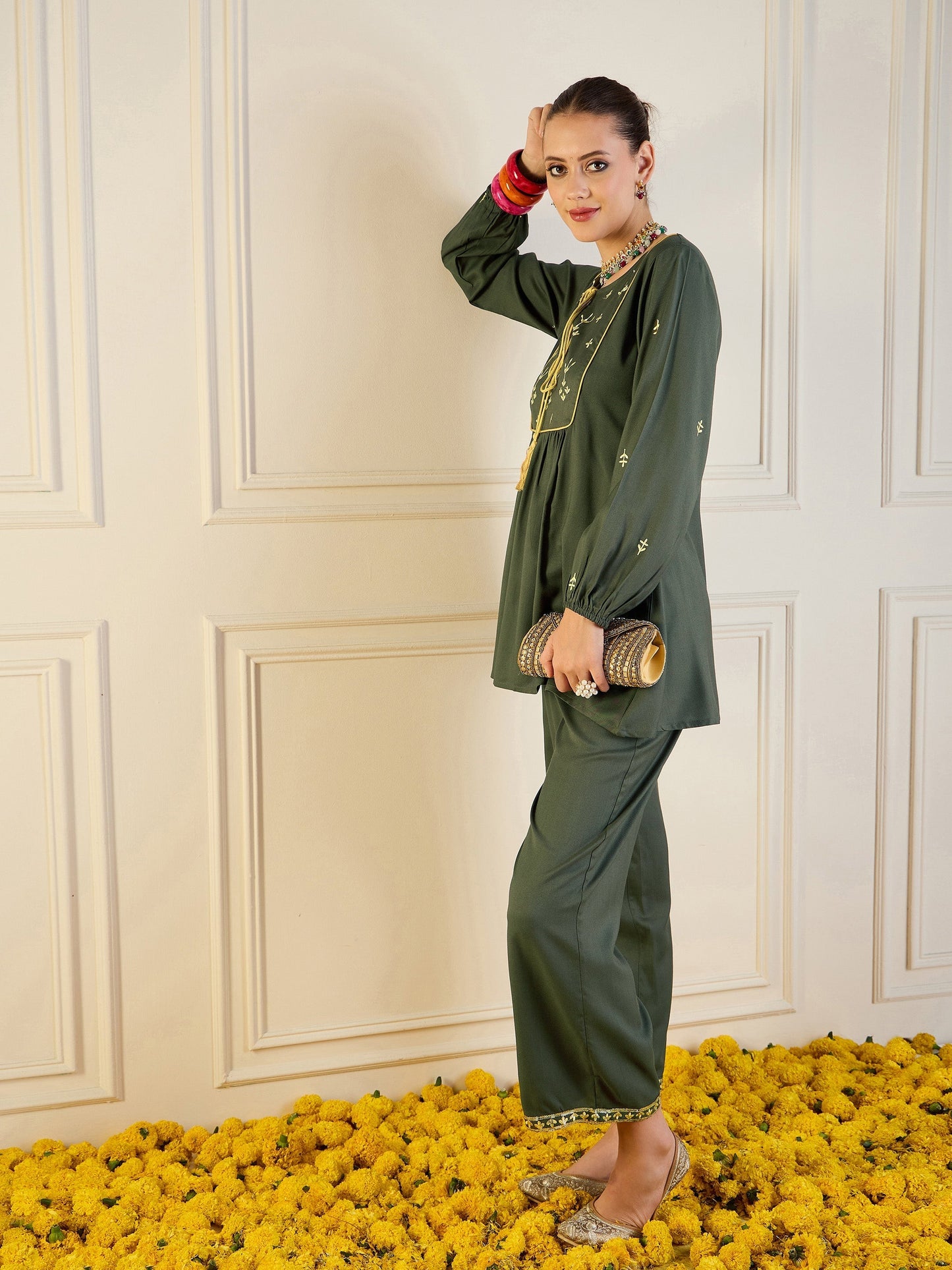 Women's Green Embroidered Co-Ord Set