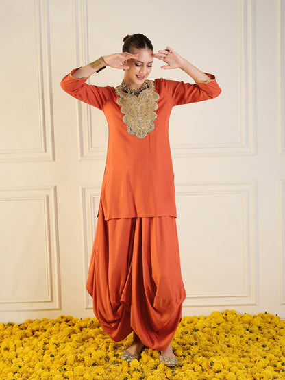 Women's Orange Embroidered Co-Ord Set
