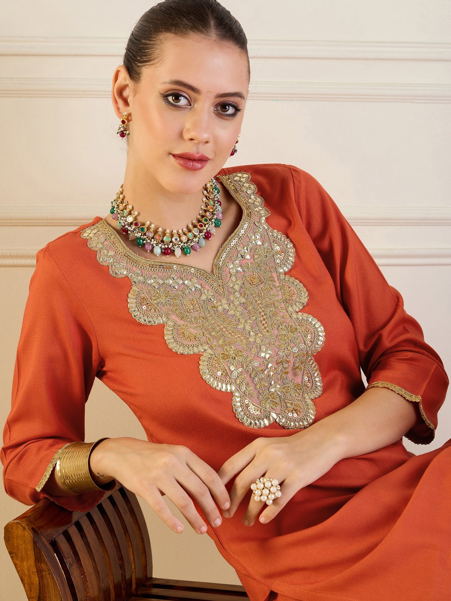 Women's Orange Embroidered Co-Ord Set