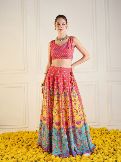 Women's Red Floral Lehenga Set