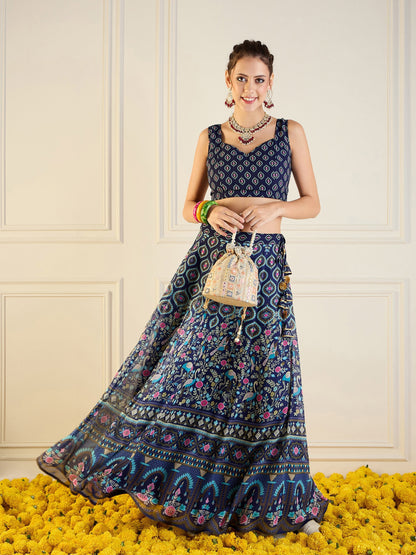 Women's Dark Blue Floral Lehenga Set