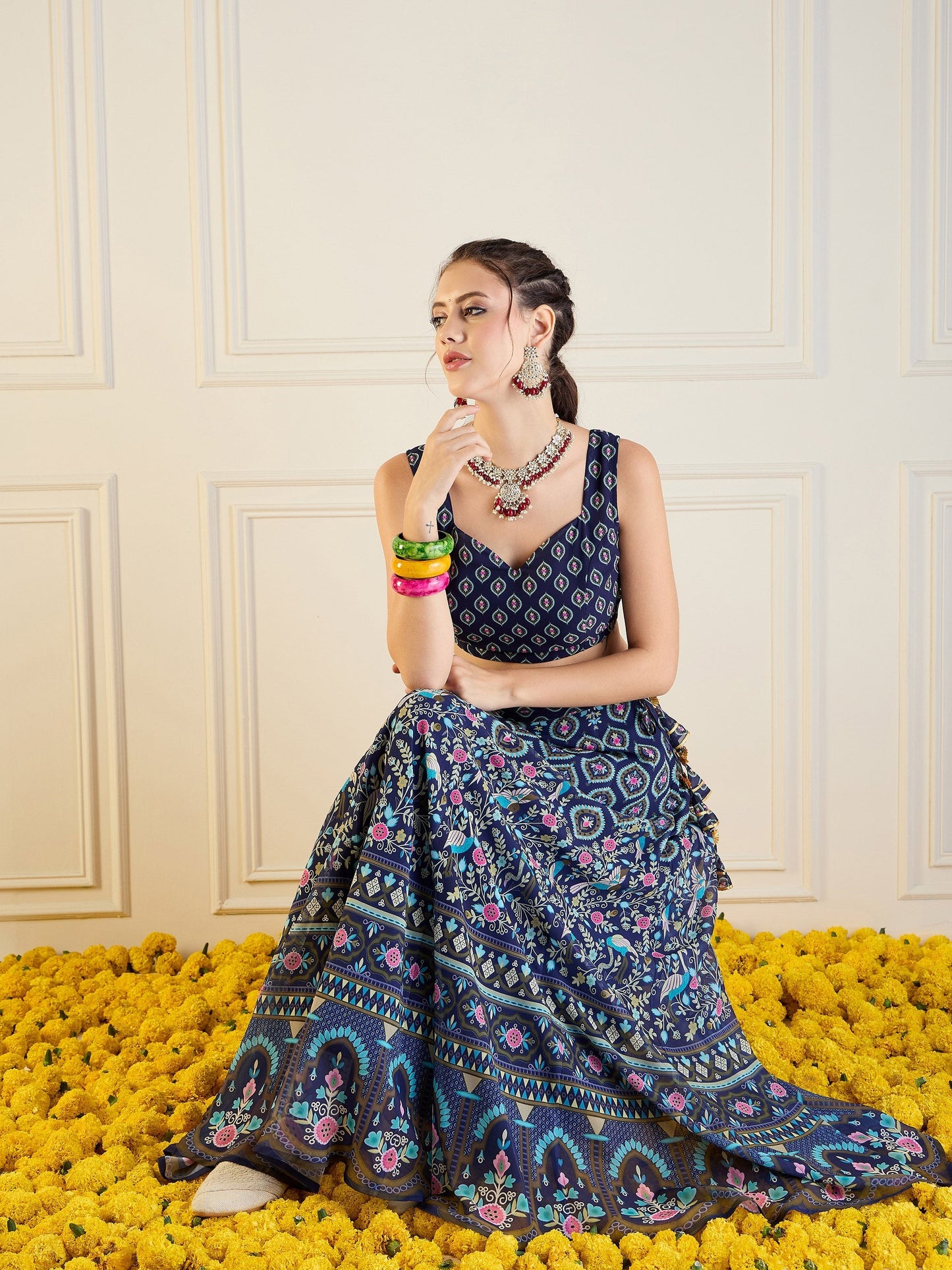 Women's Dark Blue Floral Lehenga Set