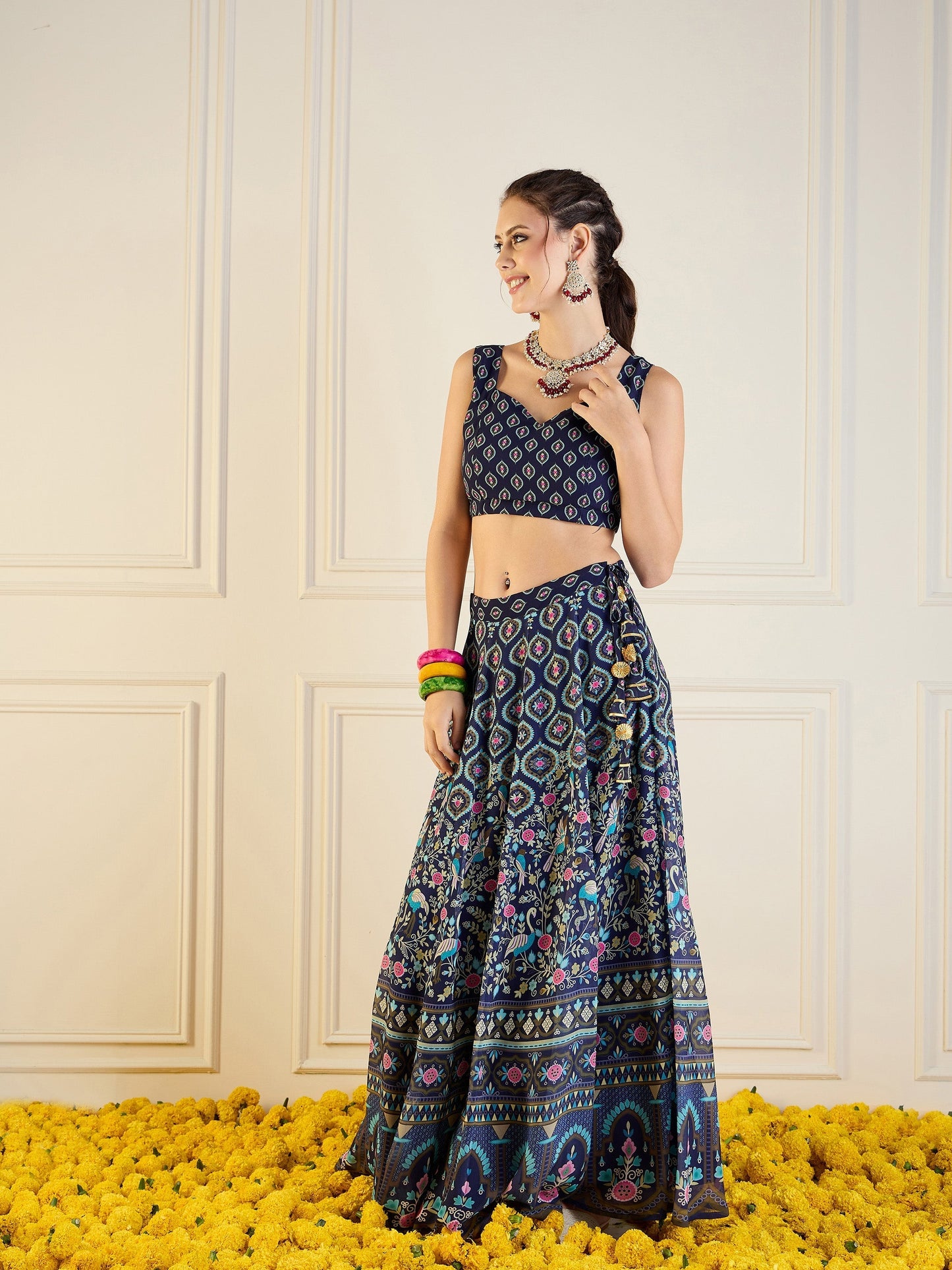 Women's Dark Blue Floral Lehenga Set