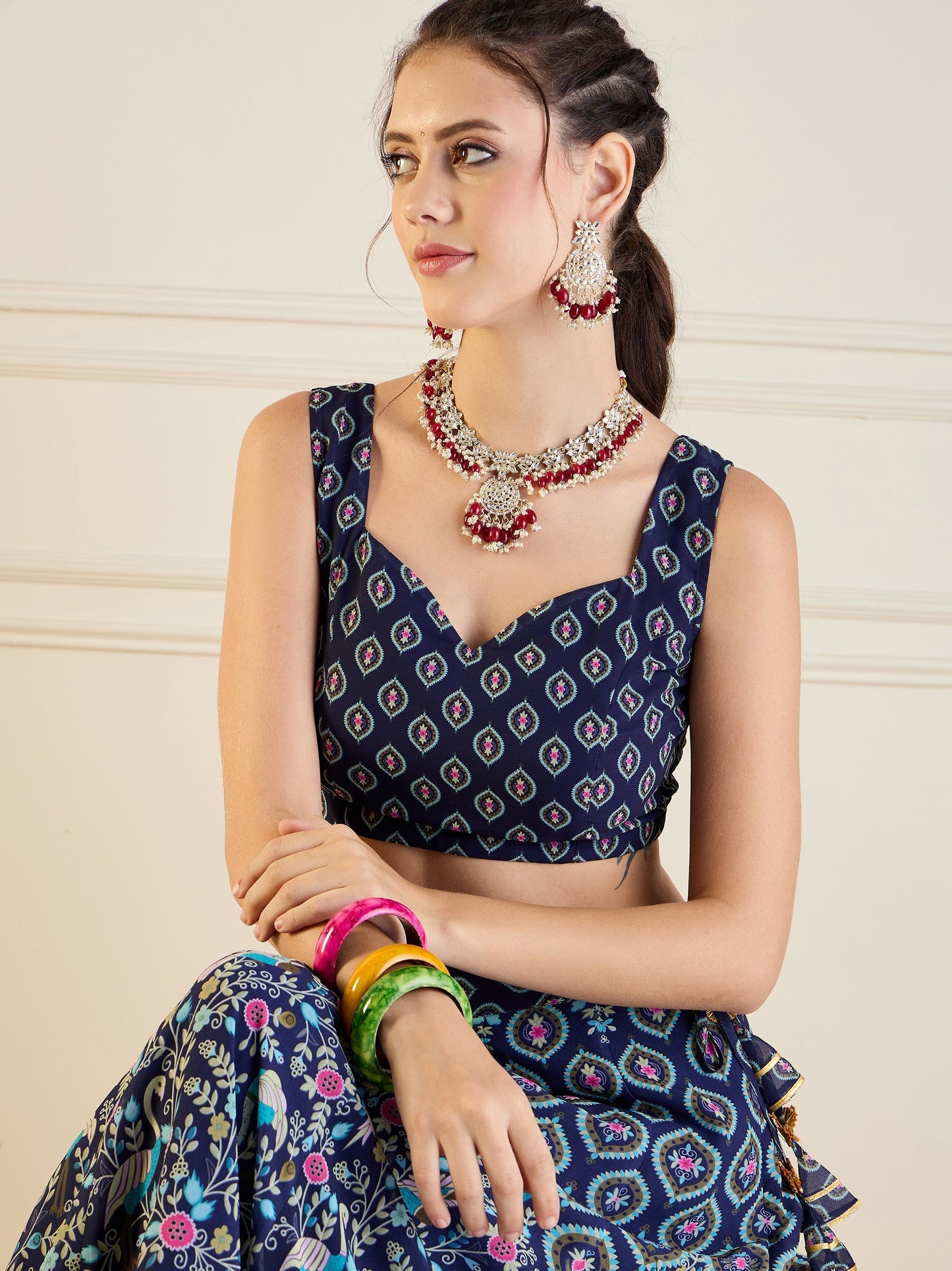 Women's Dark Blue Floral Lehenga Set