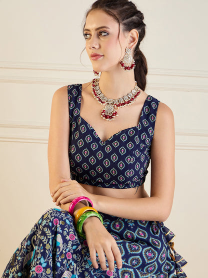 Women's Dark Blue Floral Lehenga Set