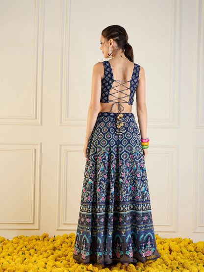 Women's Dark Blue Floral Lehenga Set