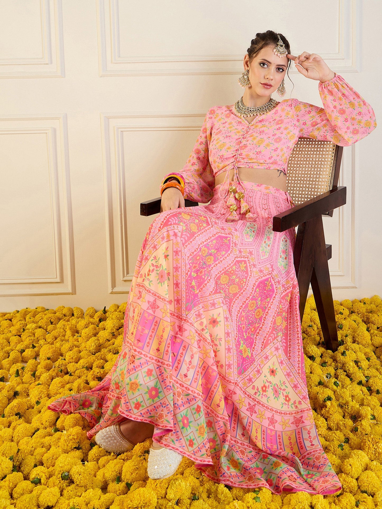 Women's Pink Floral Lehenga Set