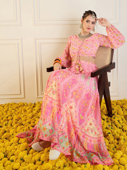 Women's Pink Floral Lehenga Set