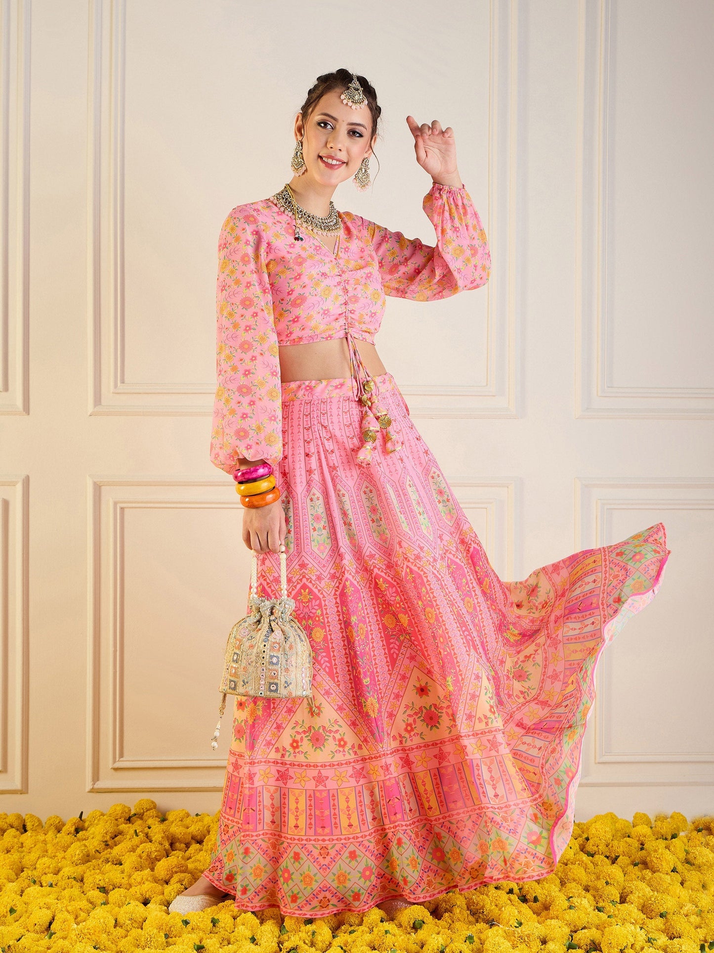 Women's Pink Floral Lehenga Set