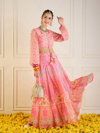 Women's Pink Floral Lehenga Set