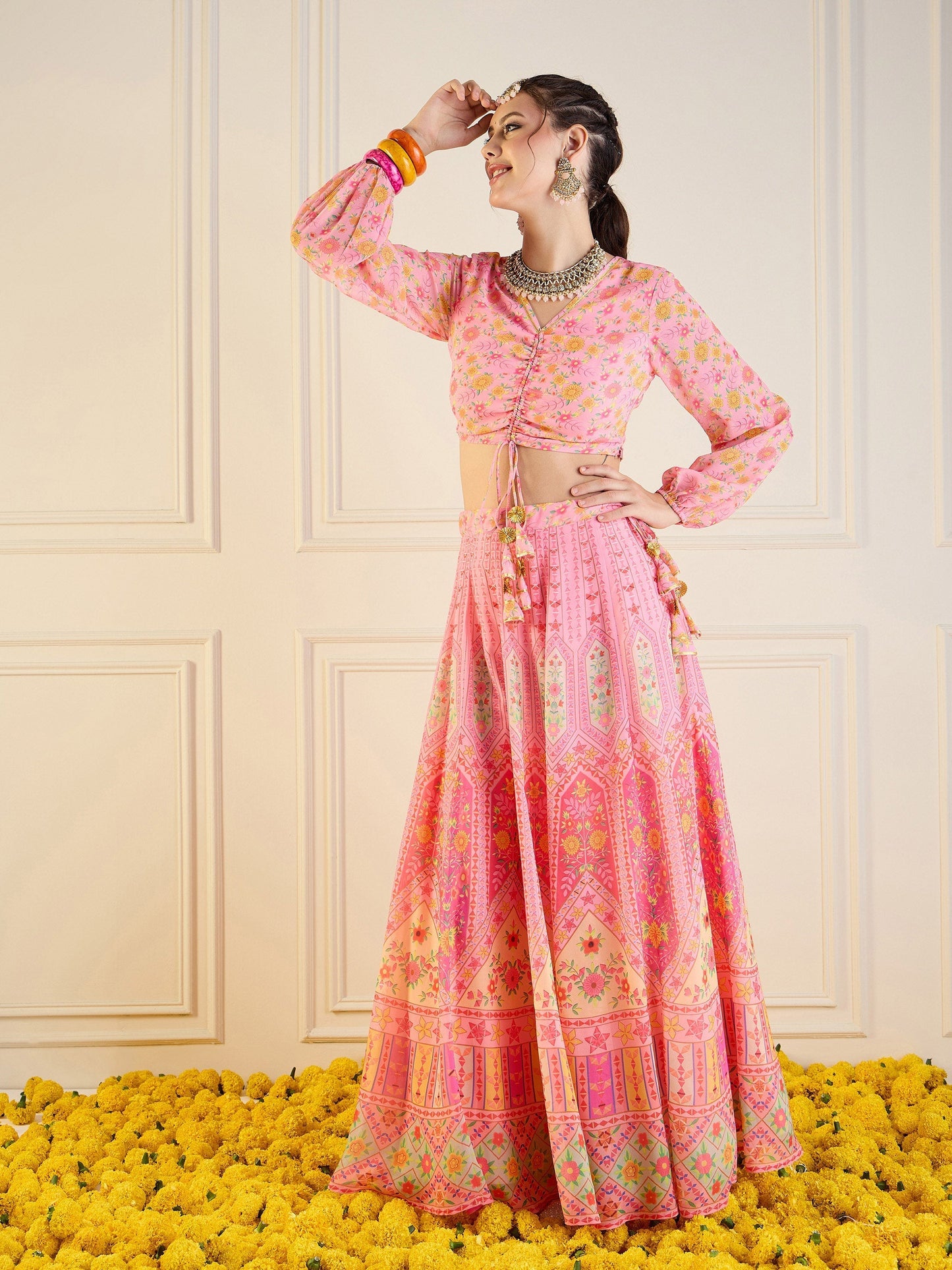 Women's Pink Floral Lehenga Set