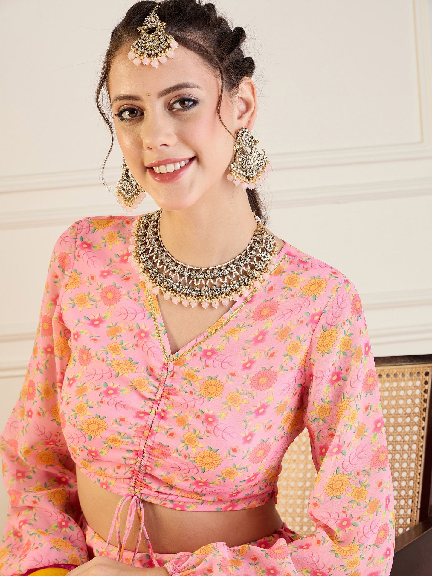 Women's Pink Floral Lehenga Set