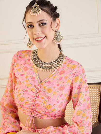 Women's Pink Floral Lehenga Set