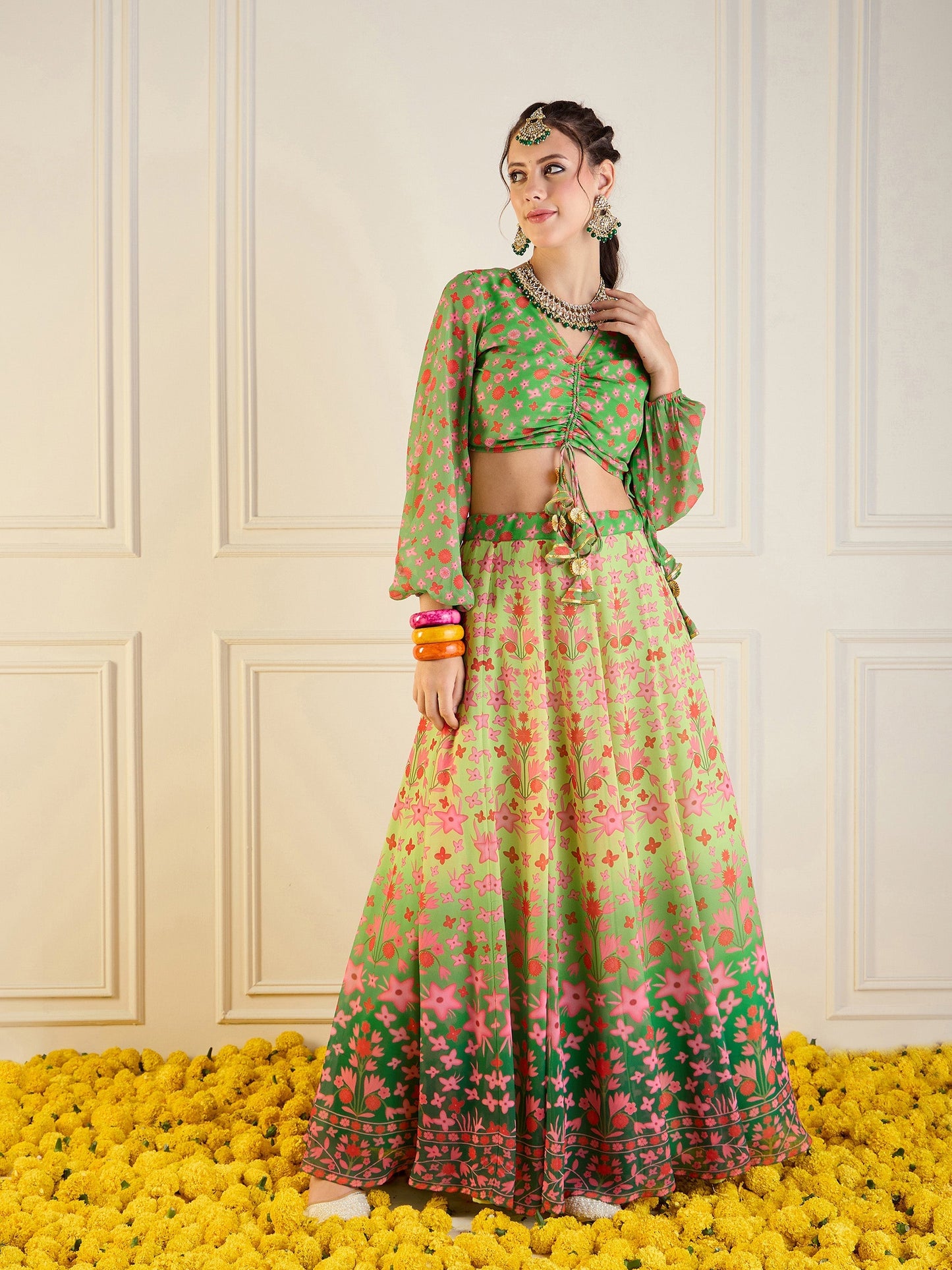 Women's Green Floral Lehenga Set