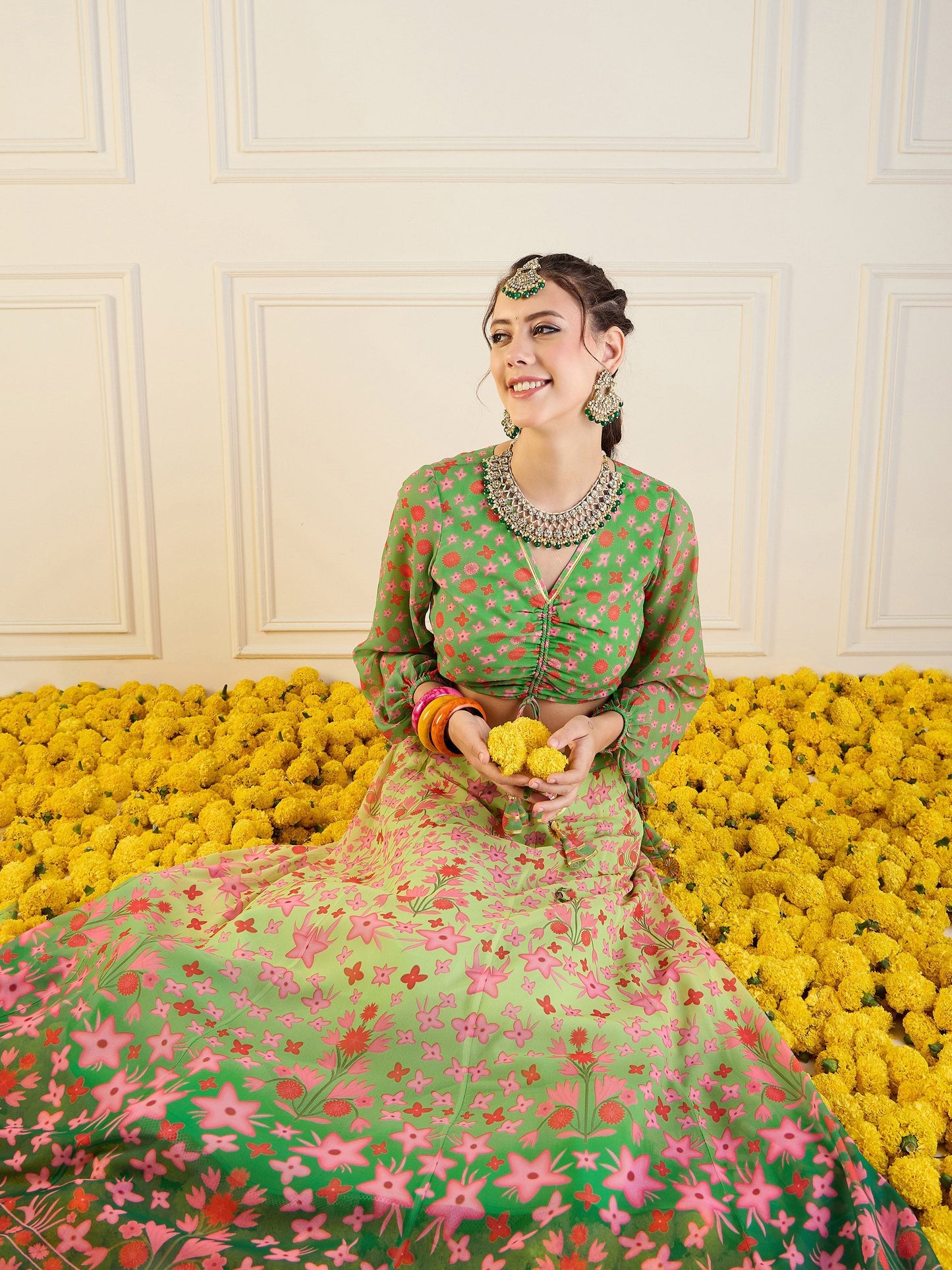 Women's Green Floral Lehenga Set