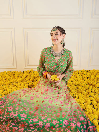 Women's Green Floral Lehenga Set