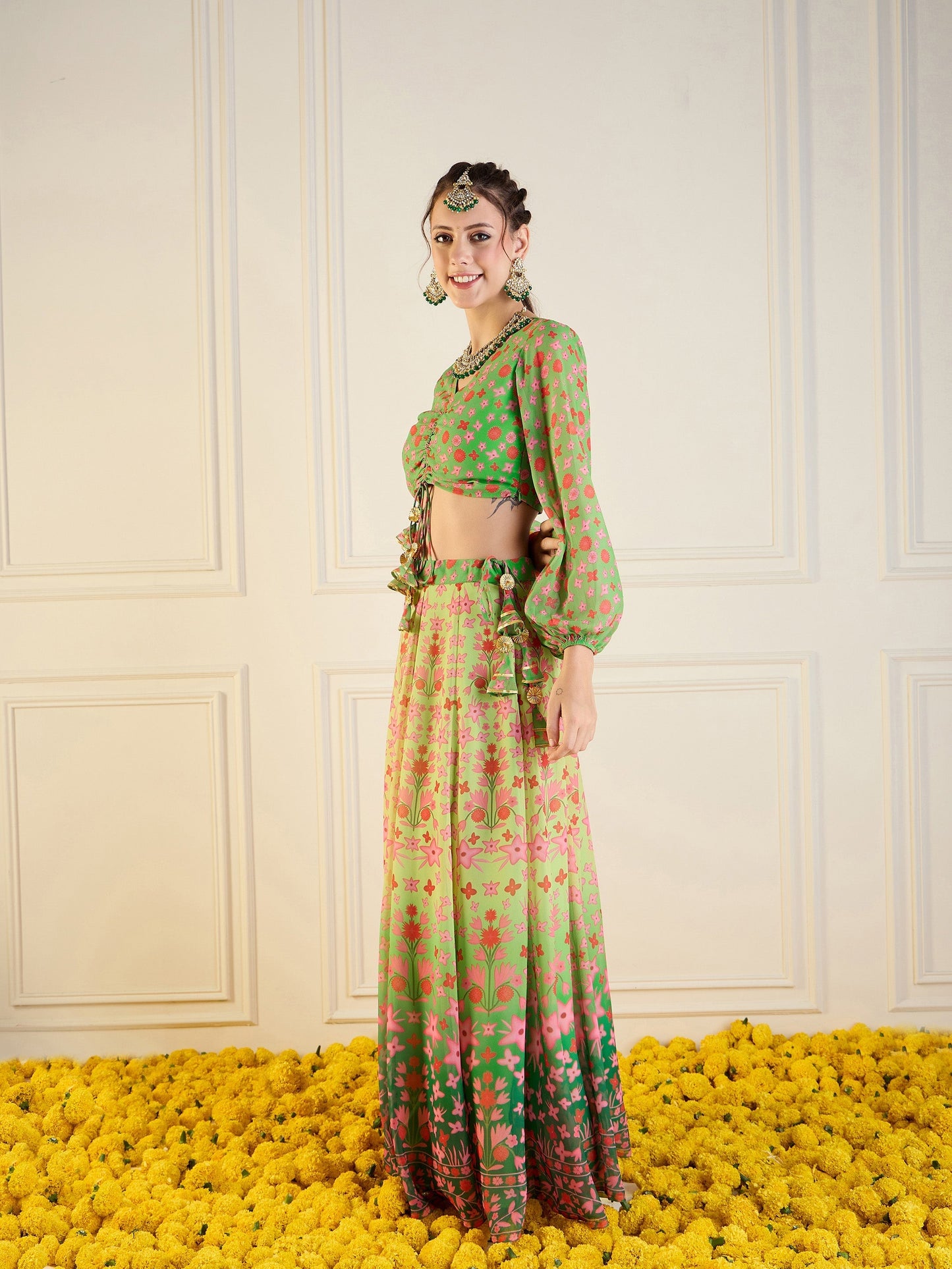 Women's Green Floral Lehenga Set
