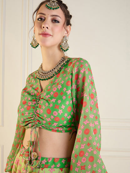 Women's Green Floral Lehenga Set