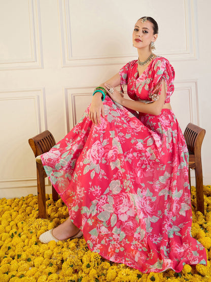 Women's Red Floral Lehenga Set
