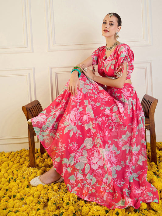 Women's Red Floral Lehenga Set