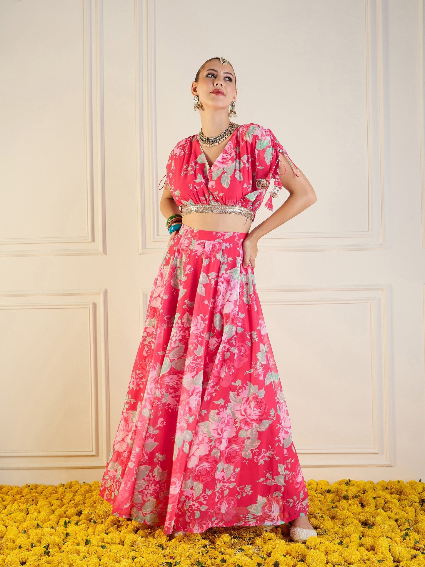 Women's Red Floral Lehenga Set