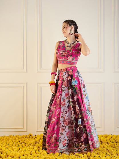 Women's Pink Floral Lehenga Set