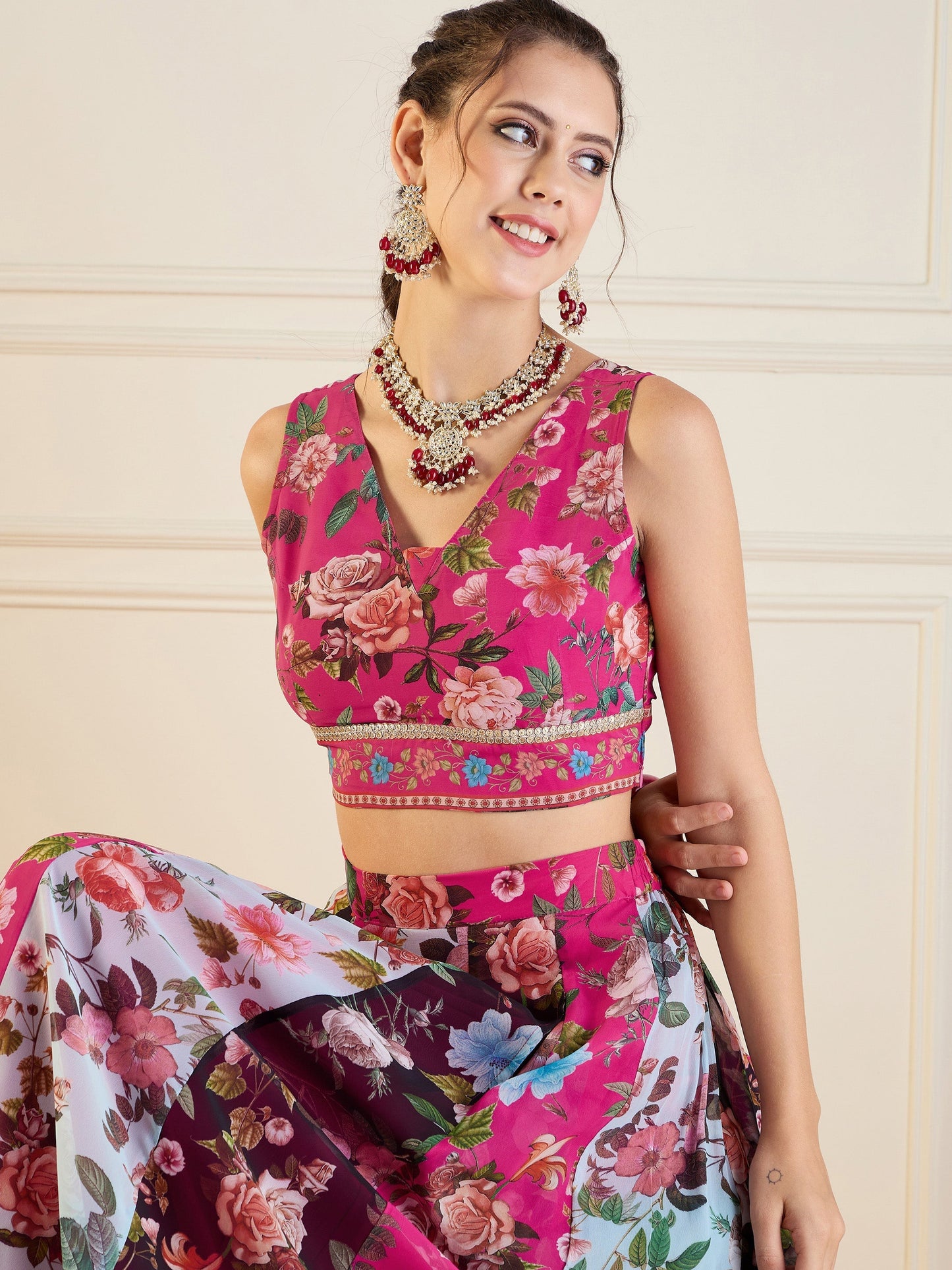 Women's Pink Floral Lehenga Set