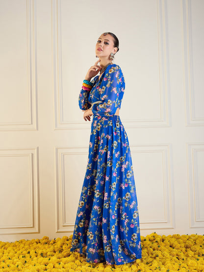 Women's Blue Floral Lehenga Set