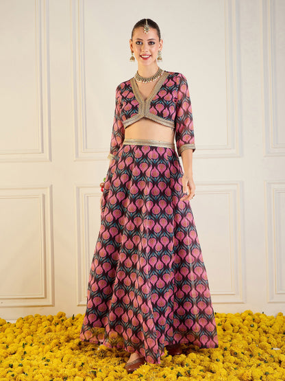 Women's Brown Floral Lehenga Set