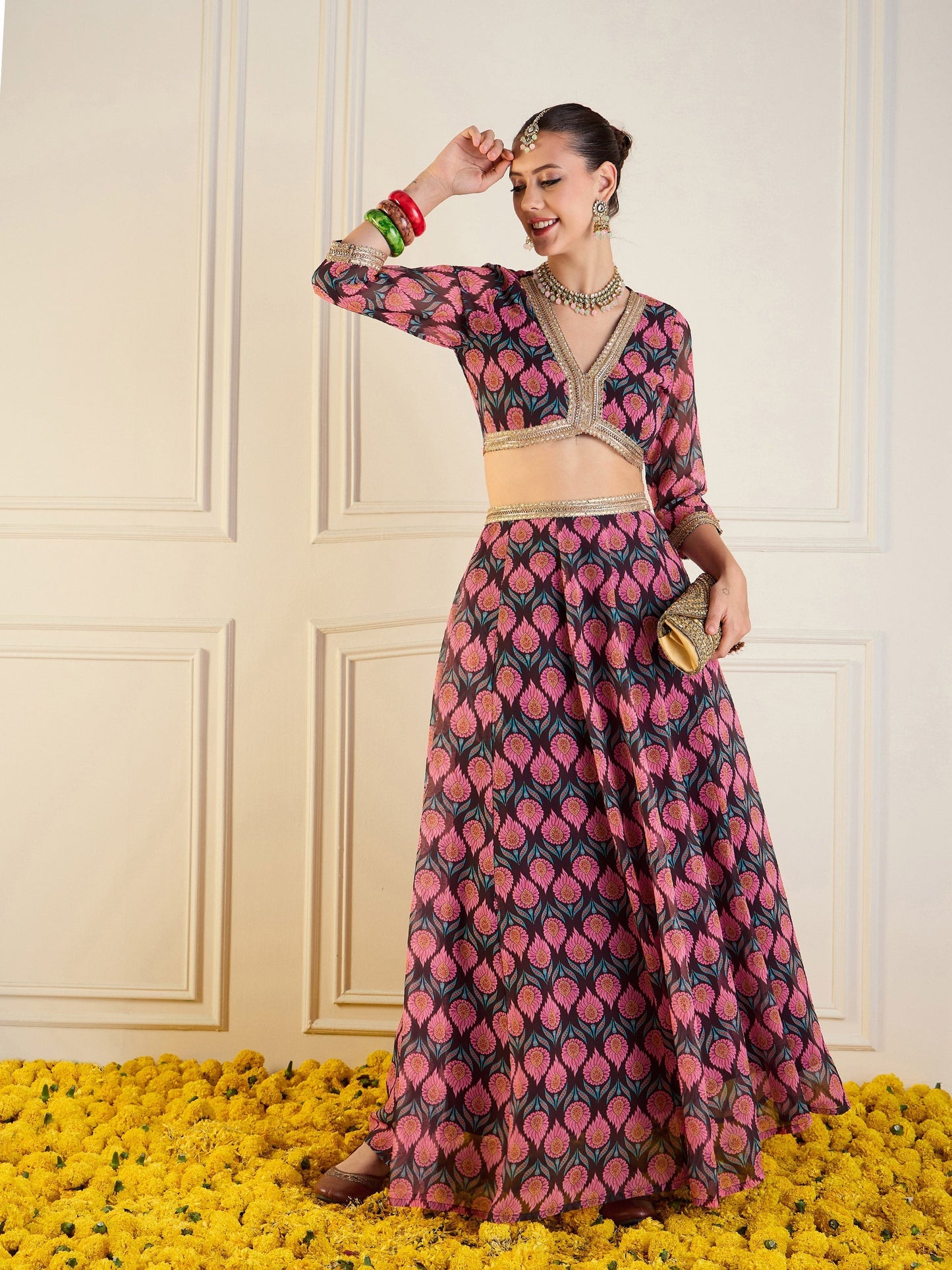 Women's Brown Floral Lehenga Set