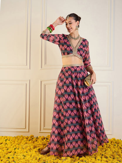 Women's Brown Floral Lehenga Set