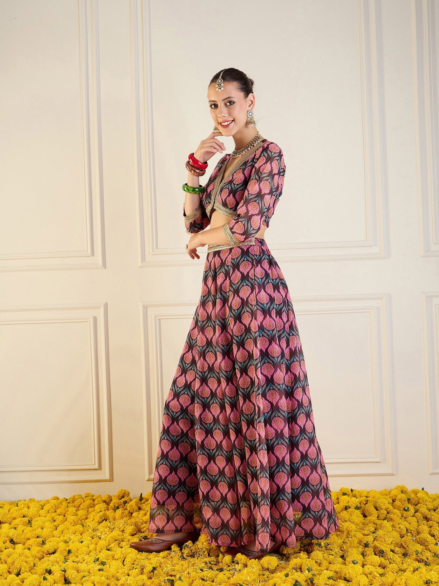 Women's Brown Floral Lehenga Set