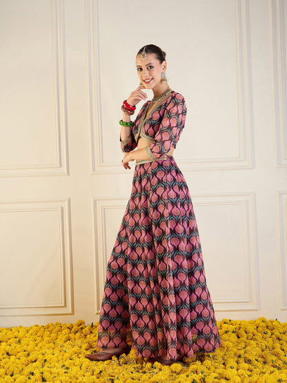Women's Brown Floral Lehenga Set