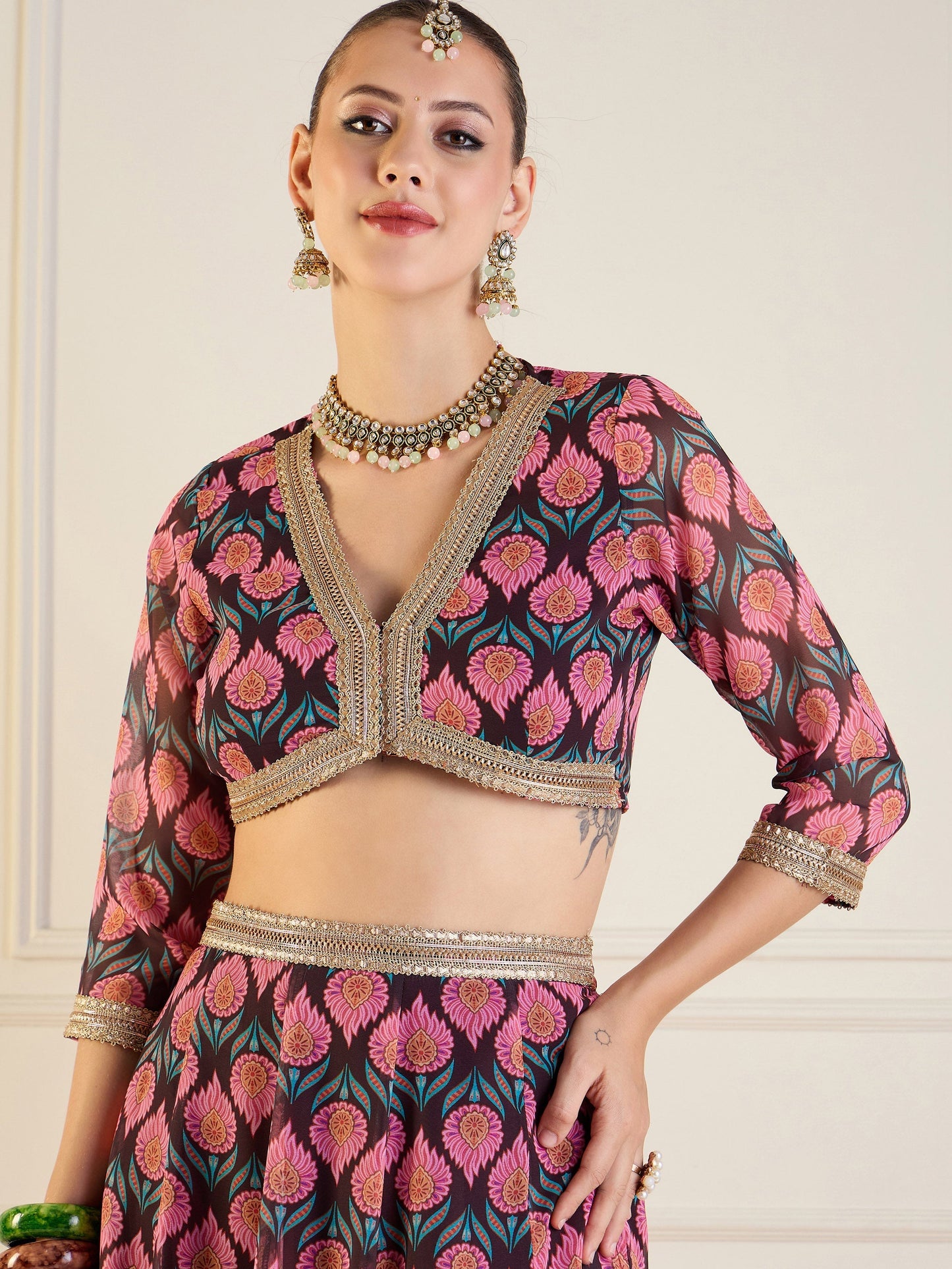 Women's Brown Floral Lehenga Set