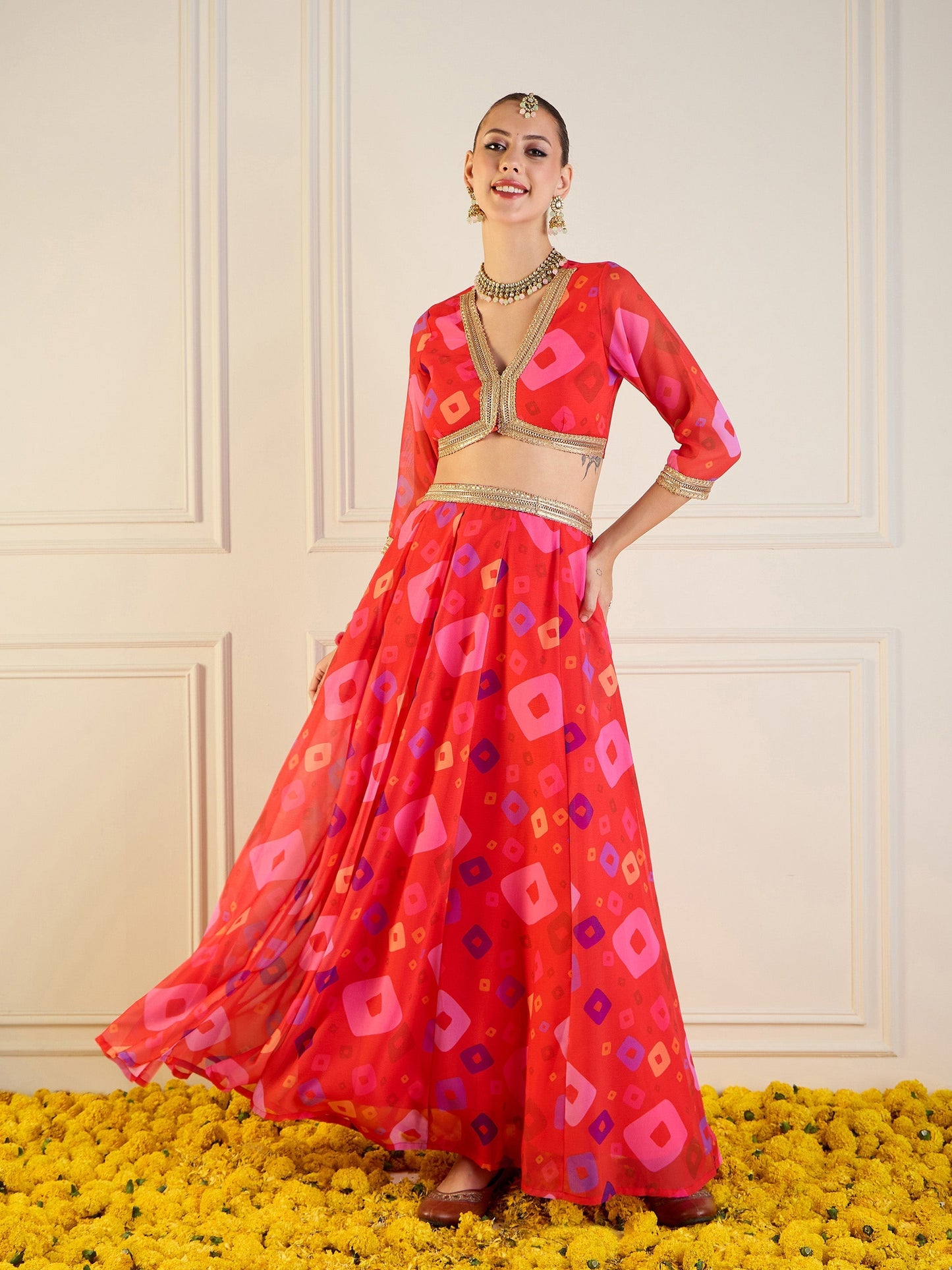 Women's Red Crop Top Lehenga Set