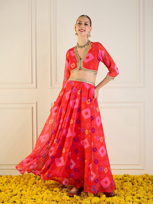 Women's Red Crop Top Lehenga Set