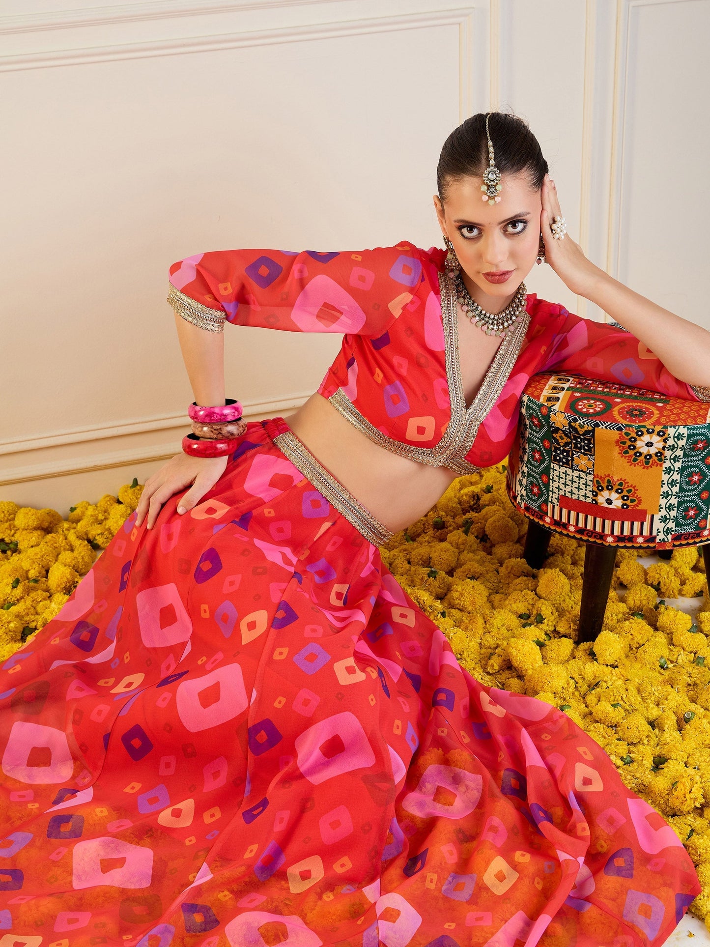 Women's Red Crop Top Lehenga Set