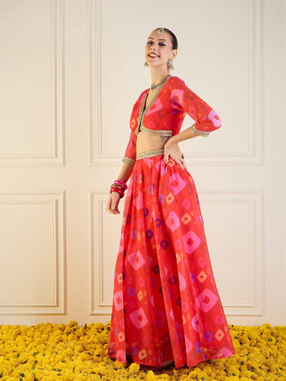 Women's Red Crop Top Lehenga Set