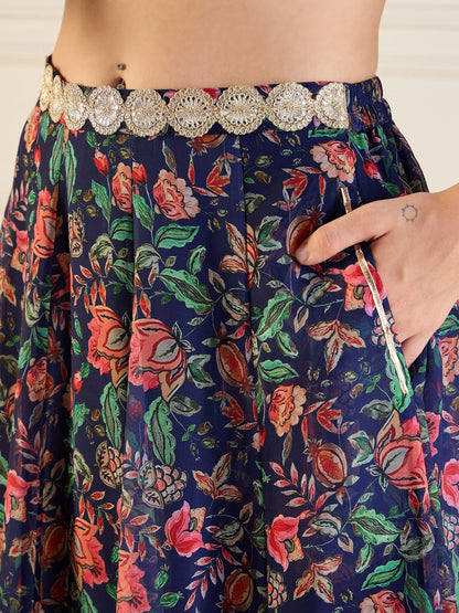 Women's Dark Blue Floral Lehenga Set