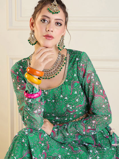 Women's Green Printed Lehenga Set