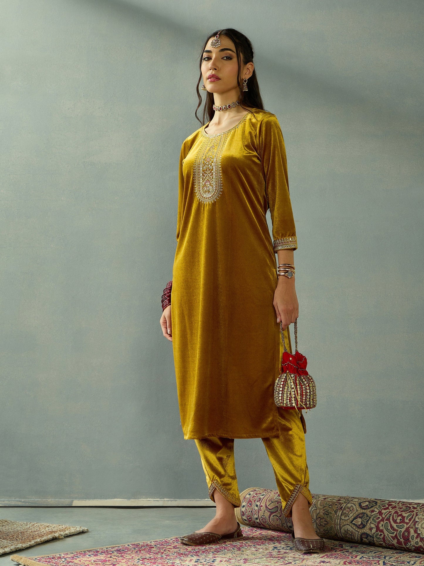 Women's Mustard Embroidered Co-Ord Set