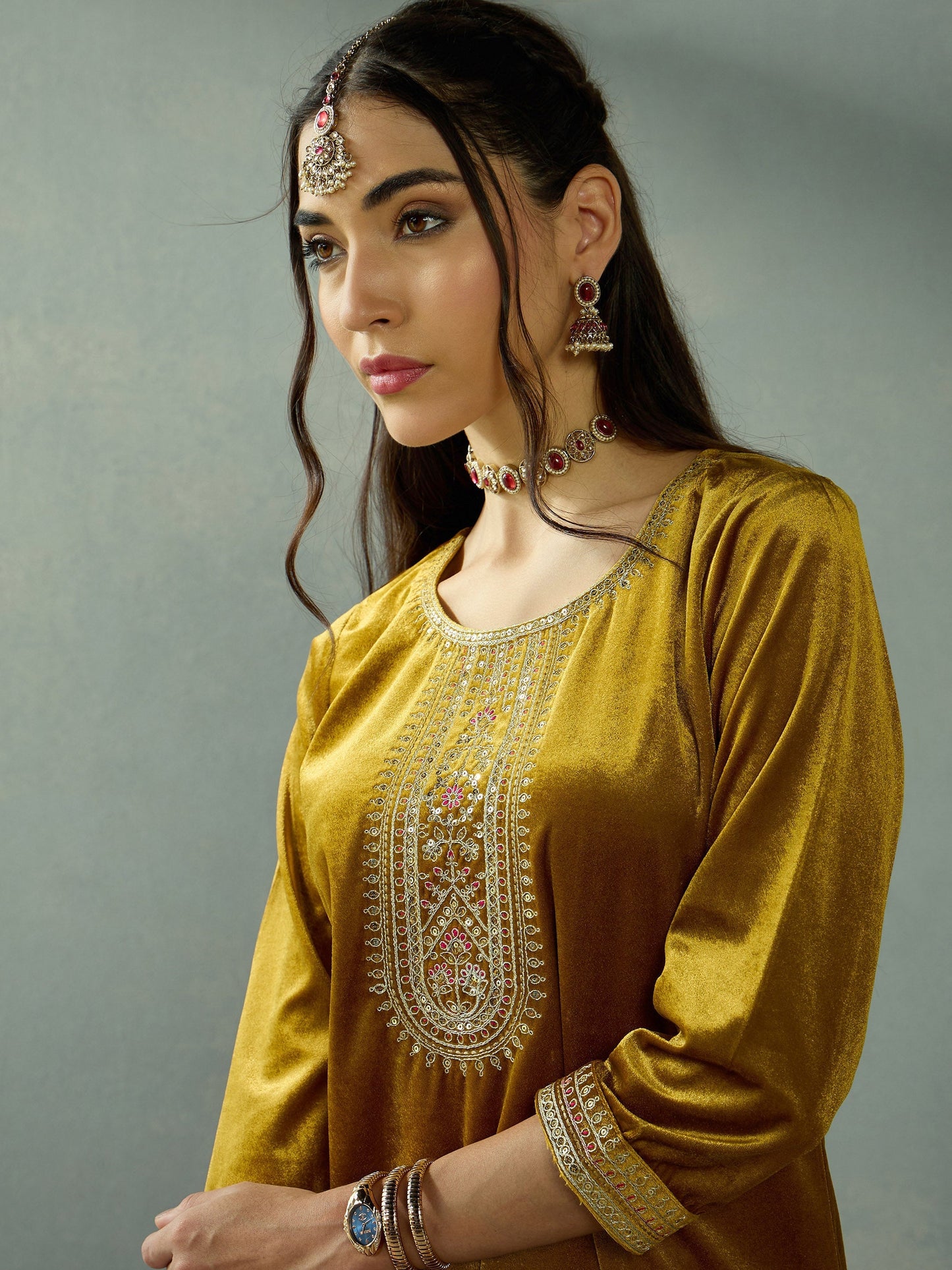 Women's Mustard Embroidered Co-Ord Set