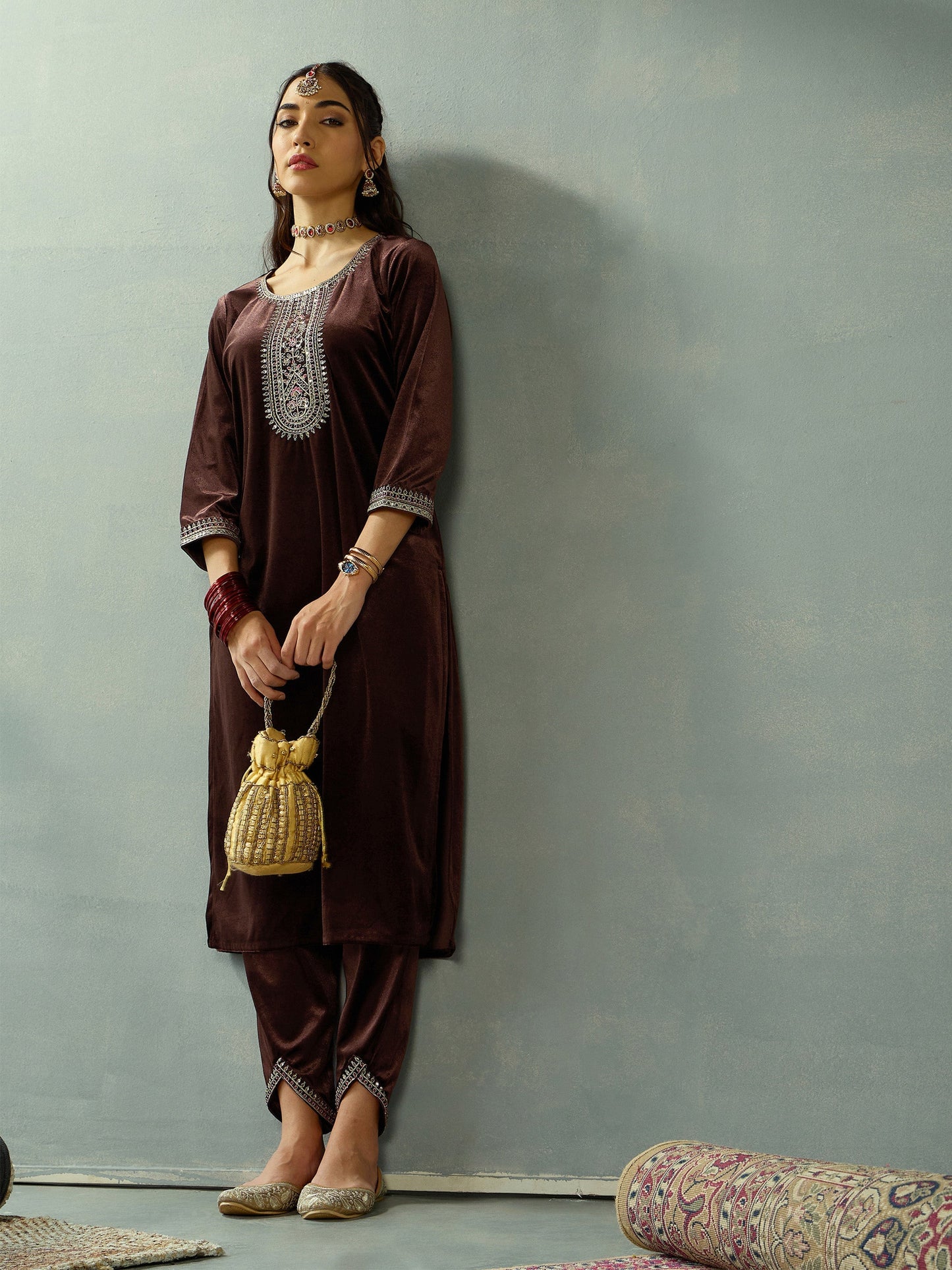 Women's Brown Embroidered Co-Ord Set