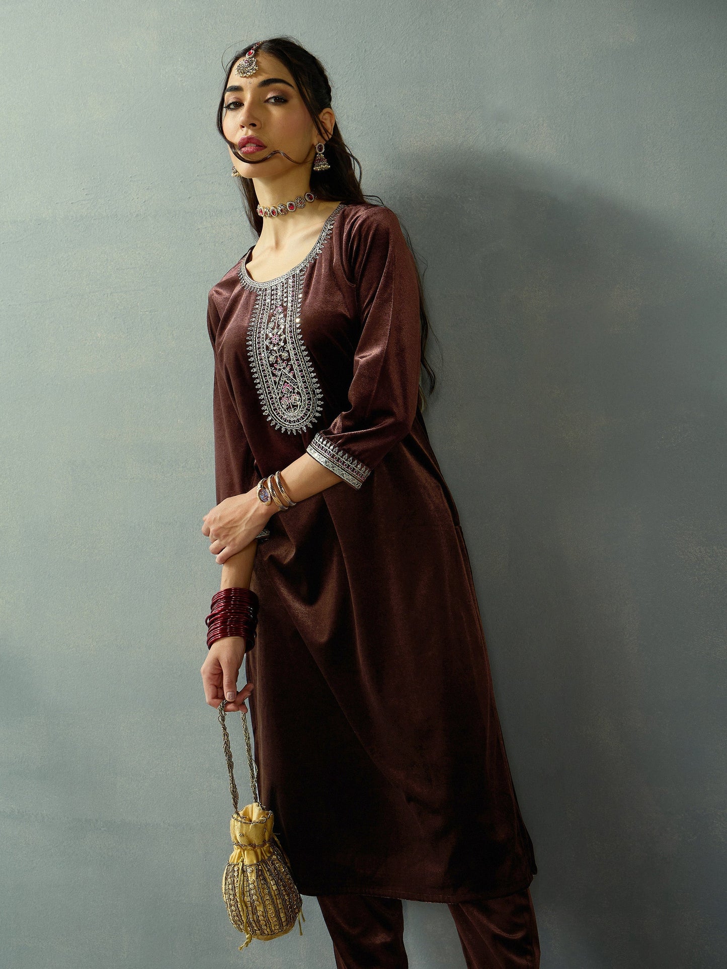 Women's Brown Embroidered Co-Ord Set