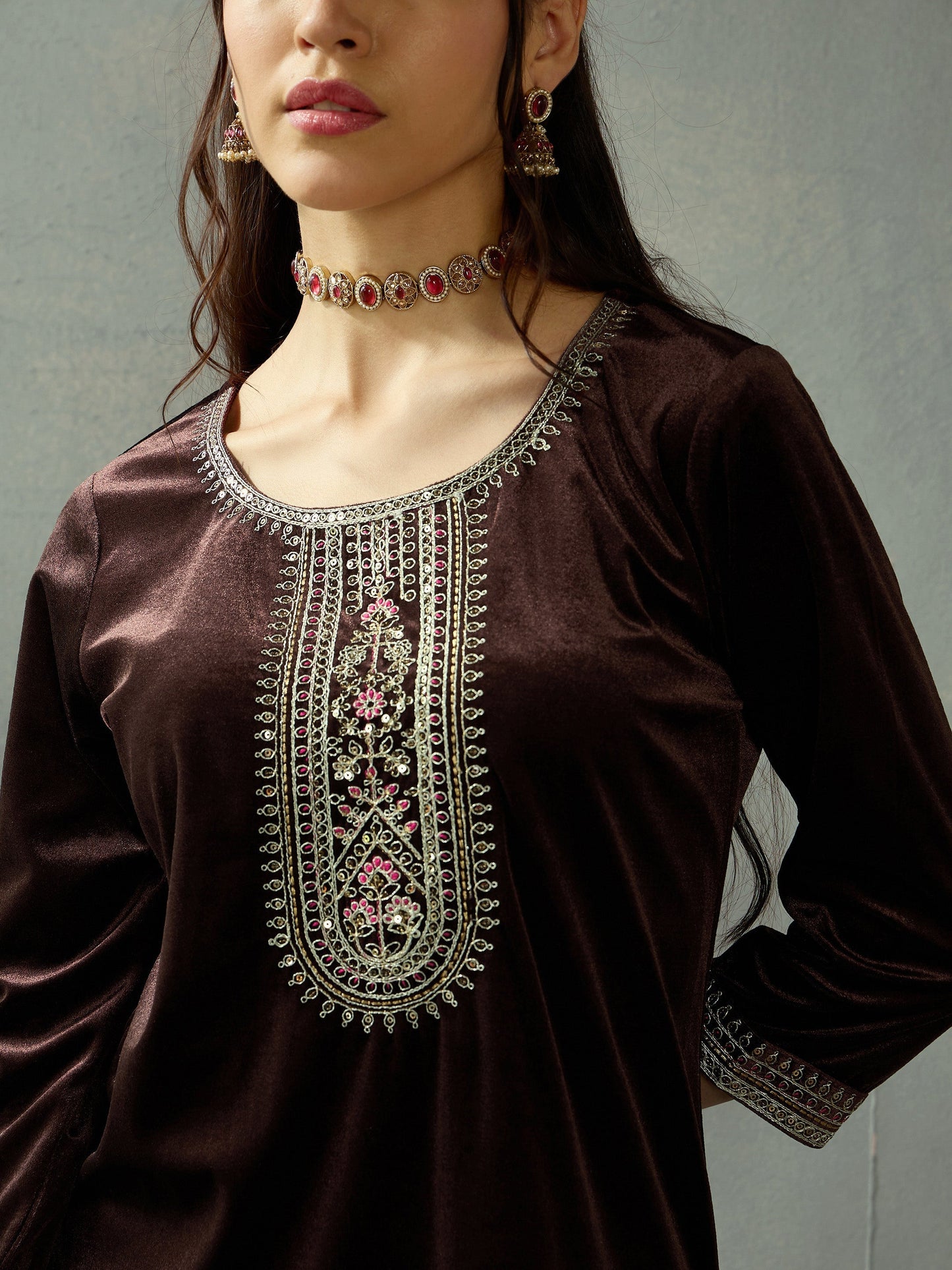 Women's Brown Embroidered Co-Ord Set