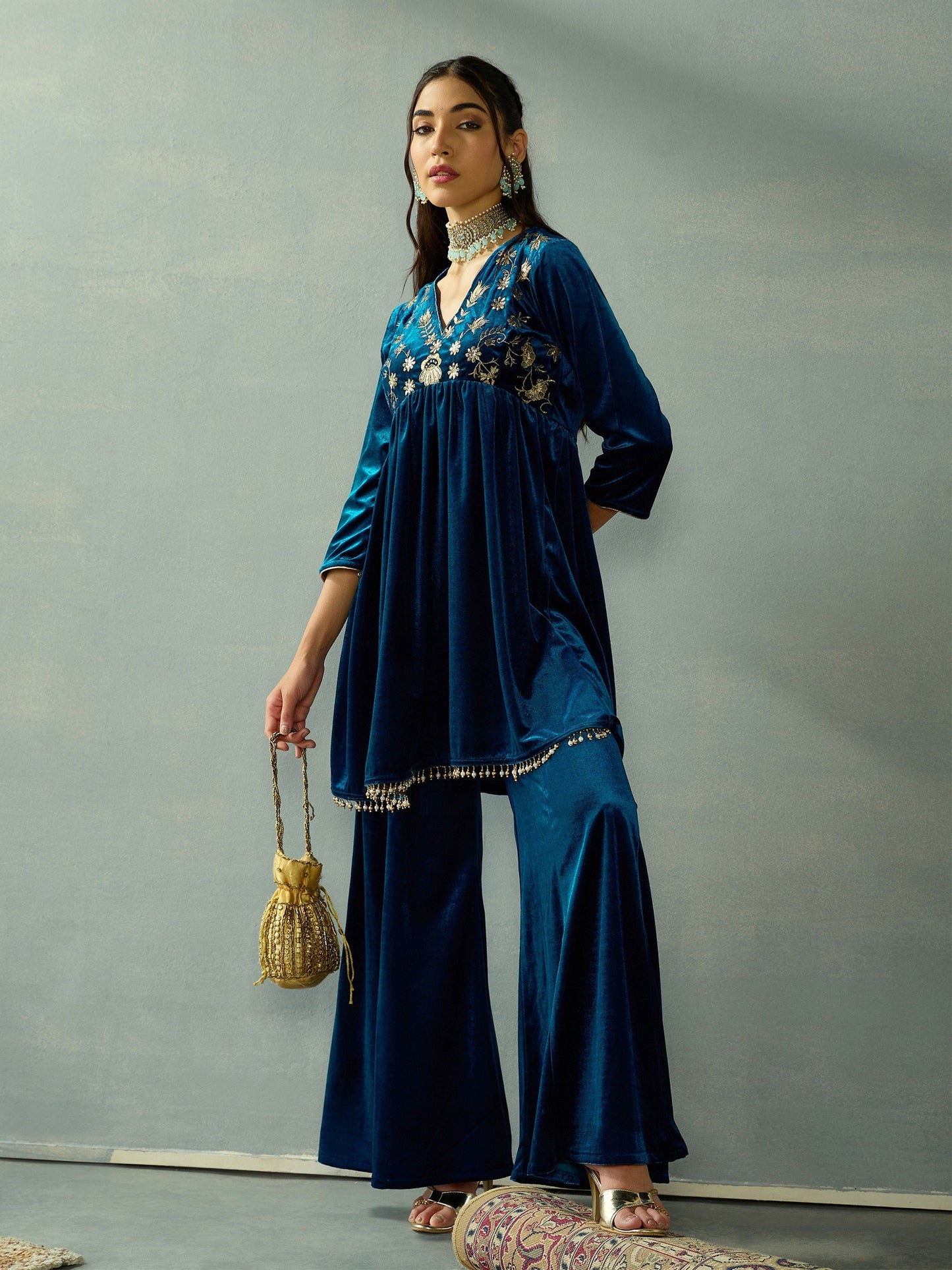 Women's Teal Embroidered Co-Ord Set