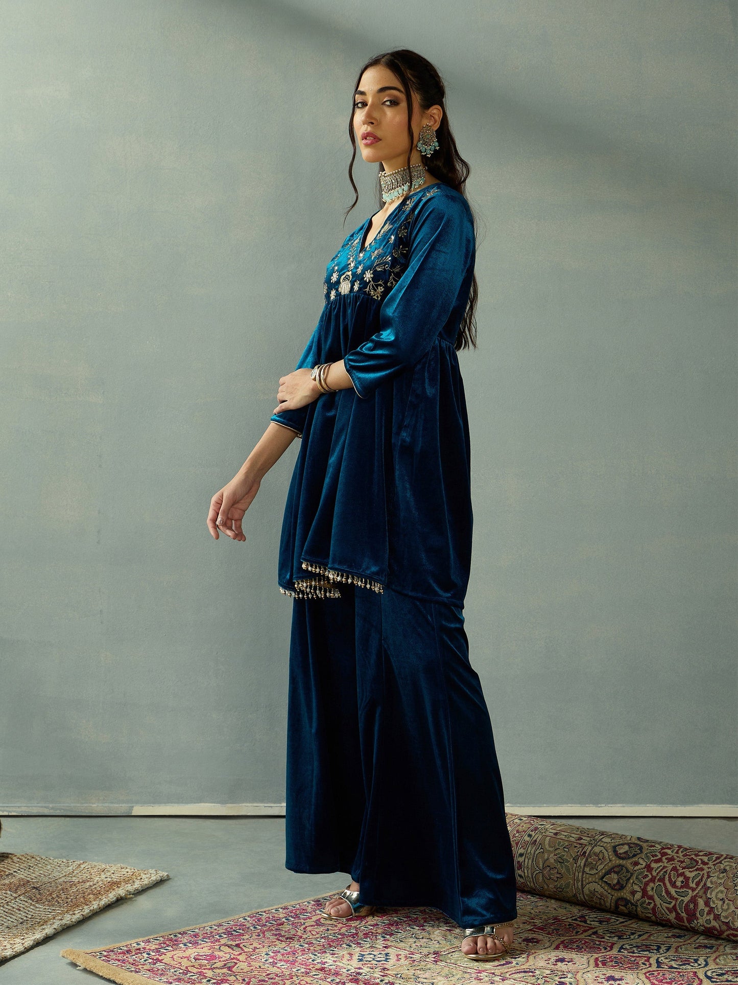 Women's Teal Embroidered Co-Ord Set
